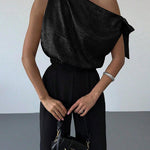 Chic One-Shoulder Bow Tie Metallic Fabric Top