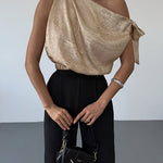 Chic One-Shoulder Bow Tie Metallic Fabric Top