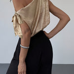 Chic One-Shoulder Bow Tie Metallic Fabric Top