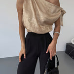 Chic One-Shoulder Bow Tie Metallic Fabric Top