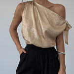 Chic One-Shoulder Bow Tie Metallic Fabric Top