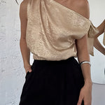 Chic One-Shoulder Bow Tie Metallic Fabric Top