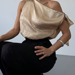 Chic One-Shoulder Bow Tie Metallic Fabric Top