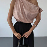 Chic One-Shoulder Bow Tie Metallic Fabric Top