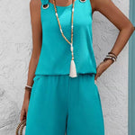 Stylish A-Line Cut Textured Vacation Two Piece Shorts Set
