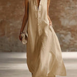 Flowy Sleeveless Frog Button Maxi Dress