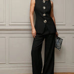 Elegant Gold Floral Button Suit Vest Pants Set
