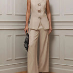 Elegant Gold Floral Button Suit Vest Pants Set