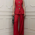 Elegant Gold Floral Button Suit Vest Pants Set
