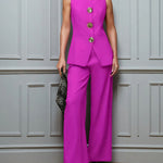 Elegant Gold Floral Button Suit Vest Pants Set