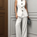 Elegant Gold Floral Button Suit Vest Pants Set