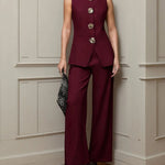 Elegant Gold Floral Button Suit Vest Pants Set