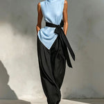 Effortless Contrast Color Sleeveless Matching Set with Waist Strap