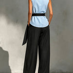 Effortless Contrast Color Sleeveless Matching Set with Waist Strap