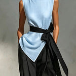 Effortless Contrast Color Sleeveless Matching Set with Waist Strap