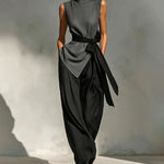 Effortless Contrast Color Sleeveless Matching Set with Waist Strap