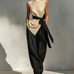 Effortless Contrast Color Sleeveless Matching Set with Waist Strap