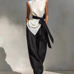 Effortless Contrast Color Sleeveless Matching Set with Waist Strap