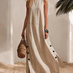 Resort 100% Cotton Sleeveless Maxi Dress with Button Accents