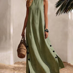 Resort 100% Cotton Sleeveless Maxi Dress with Button Accents