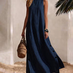 Resort 100% Cotton Sleeveless Maxi Dress with Button Accents