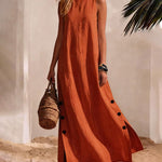 Resort 100% Cotton Sleeveless Maxi Dress with Button Accents