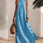 Resort 100% Cotton Sleeveless Maxi Dress with Button Accents