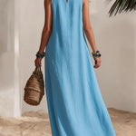 Resort 100% Cotton Sleeveless Maxi Dress with Button Accents