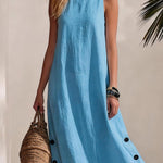 Resort 100% Cotton Sleeveless Maxi Dress with Button Accents