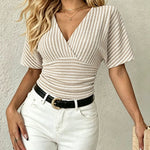 French Style Slim Fit V-neck Stripe Top