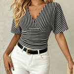 French Style Slim Fit V-neck Stripe Top