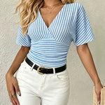 French Style Slim Fit V-neck Stripe Top
