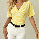 French Style Slim Fit V-neck Stripe Top