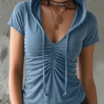 Soft Cotton-Blend Ruched Solid Color Hooded Top