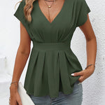Summer Elegant Cap Sleeve Fold Pleated Detail Blouse
