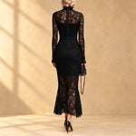 Arabella | Black lace evening dress with mock neck and long sleeves