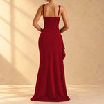 Anastasia | Black bodycon maxi dress with front slit and ruffle trim