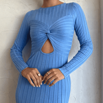Women's Sweater Dress Twist Front Cutout Long Sleeve Bodycon Slim Fit Knit Ribbed Midi Dress with Slit