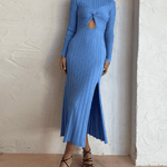 Women's Sweater Dress Twist Front Cutout Long Sleeve Bodycon Slim Fit Knit Ribbed Midi Dress with Slit