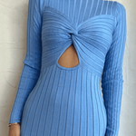 Women's Sweater Dress Twist Front Cutout Long Sleeve Bodycon Slim Fit Knit Ribbed Midi Dress with Slit