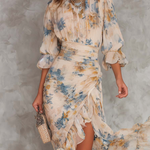 Beige Turtleneck Oil Painting Floral Print Irregular Chiffon Maxi Dress