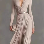 Marguerite | Apricot maxi dress with deep V-neck and long sleeves