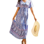 Zeagoo Women's V Neck Bohemian Dress Floral Printed Maxi Dress Short Sleeve Beach Party Dress