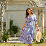 Zeagoo Women's V Neck Bohemian Dress Floral Printed Maxi Dress Short Sleeve Beach Party Dress