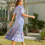 Zeagoo Women's V Neck Bohemian Dress Floral Printed Maxi Dress Short Sleeve Beach Party Dress