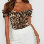 Off Shoulder Puff Sleeve Ruffle Trim Tops Bodysuits - Nadorine (Us Only)