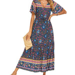 Zeagoo Women's V Neck Bohemian Dress Floral Printed Maxi Dress Short Sleeve Beach Party Dress