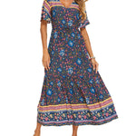 Zeagoo Women's V Neck Bohemian Dress Floral Printed Maxi Dress Short Sleeve Beach Party Dress