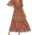 Zeagoo Women's V Neck Bohemian Dress Floral Printed Maxi Dress Short Sleeve Beach Party Dress