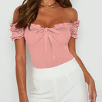 Off Shoulder Puff Sleeve Ruffle Trim Tops Bodysuits - Nadorine (Us Only)